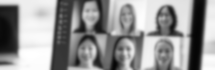 Video call with 6 female participants with
a diversity of hair styles and colours, skin tones and are all smiling.